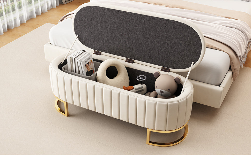 Elegant Upholstered Velvet Storage Ottoman with Button-Tufted,Storage Bench with Metal Legs for Bedroom,Living Room,Fully Assembled Except Legs,Beige - Grand Goldman Shop