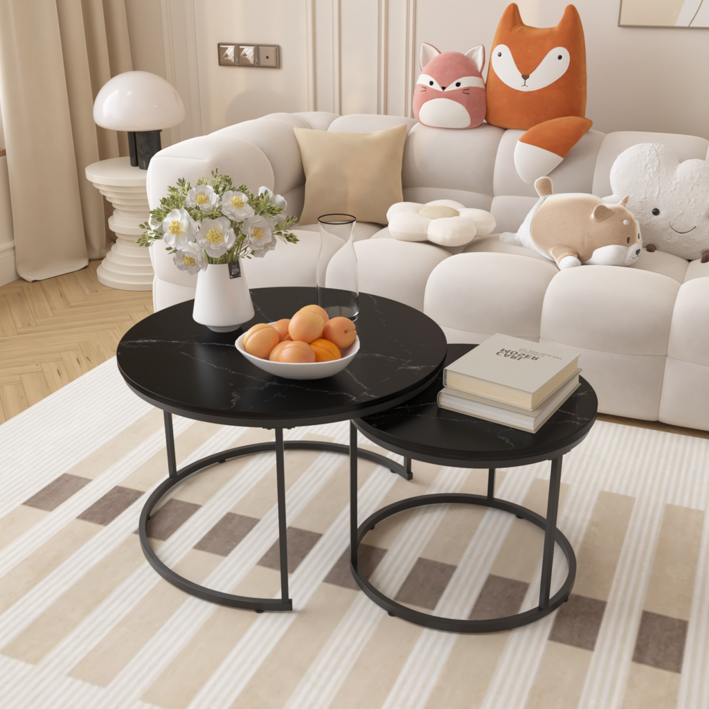 Nesting Coffee Table Set of 2, 27.6in Round Wood Marble Pattern Top with Sturdy Metal Frame, Black Living Room Side Tables for Bedroom Balcony Yard - Grand Goldman Shop