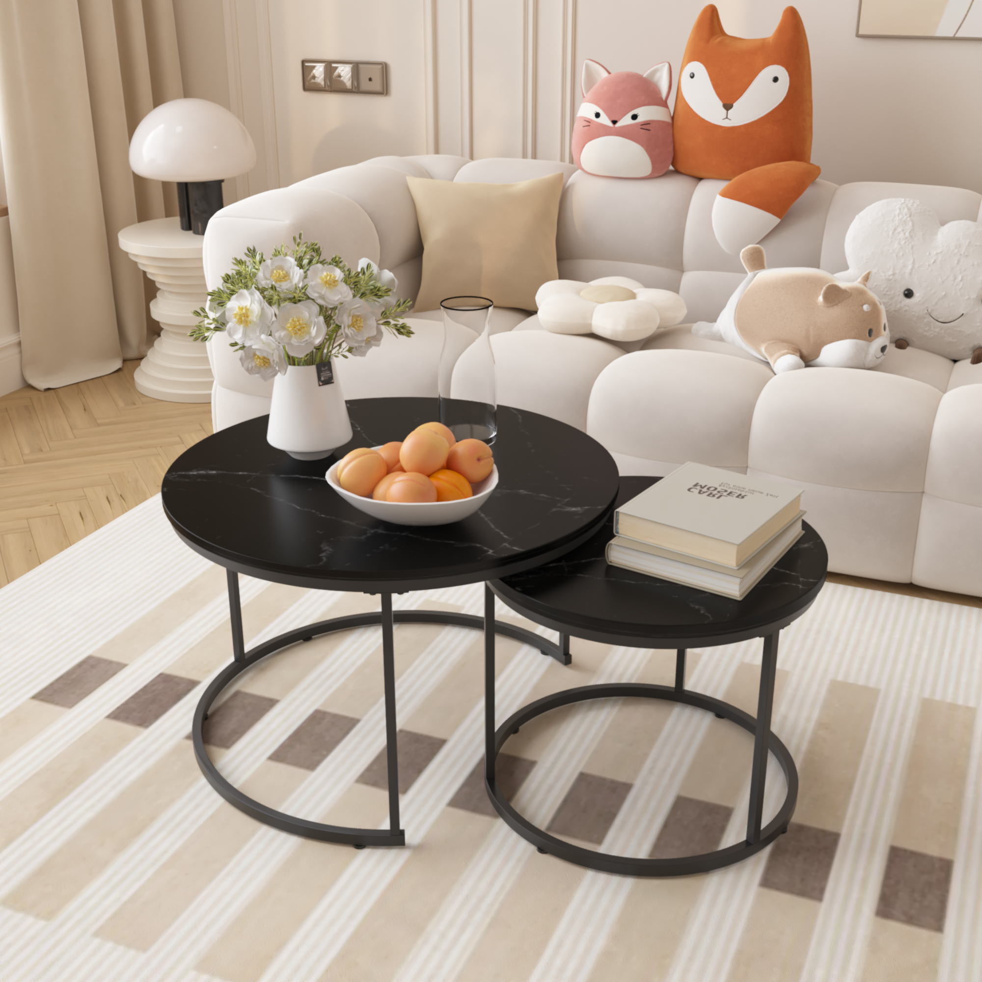Nesting Coffee Table Set of 2, 27.6in Round Wood Marble Pattern Top with Sturdy Metal Frame, Black Living Room Side Tables for Bedroom Balcony Yard - Grand Goldman Shop