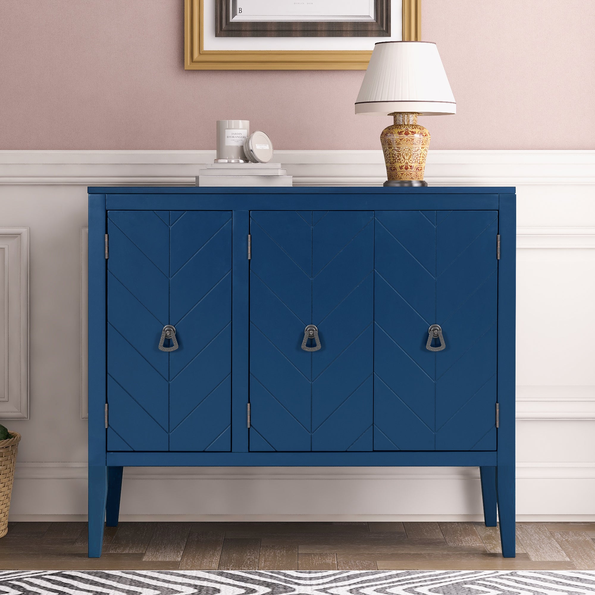 U_STYLE Adjustable Shelf Storage Sideboard with 3 Retro Metal Handles and 4 Pinewood Legs, for Entryway, Living Room, Study Room, Dining Room - Grand Goldman Shop
