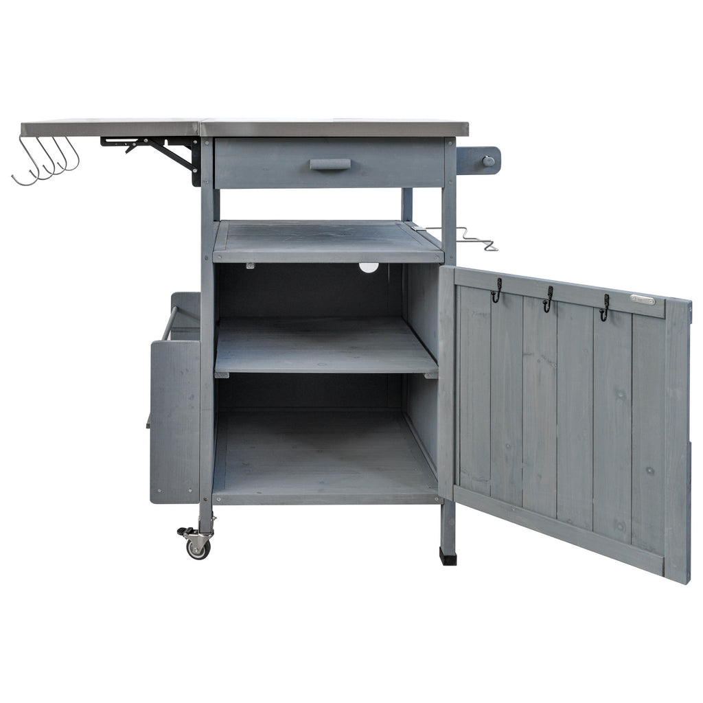 K&K 40.5' Outdoor Grill Cart with Stainless Steel Top, Solid Wood Outdoor Storage Cabinet with Drop Leaf, One Drawer, Towel Rack, Rolling Kitchen Cart with Lockable Wheels for Lawn Garden, Blue Grey - Grand Goldman Shop
