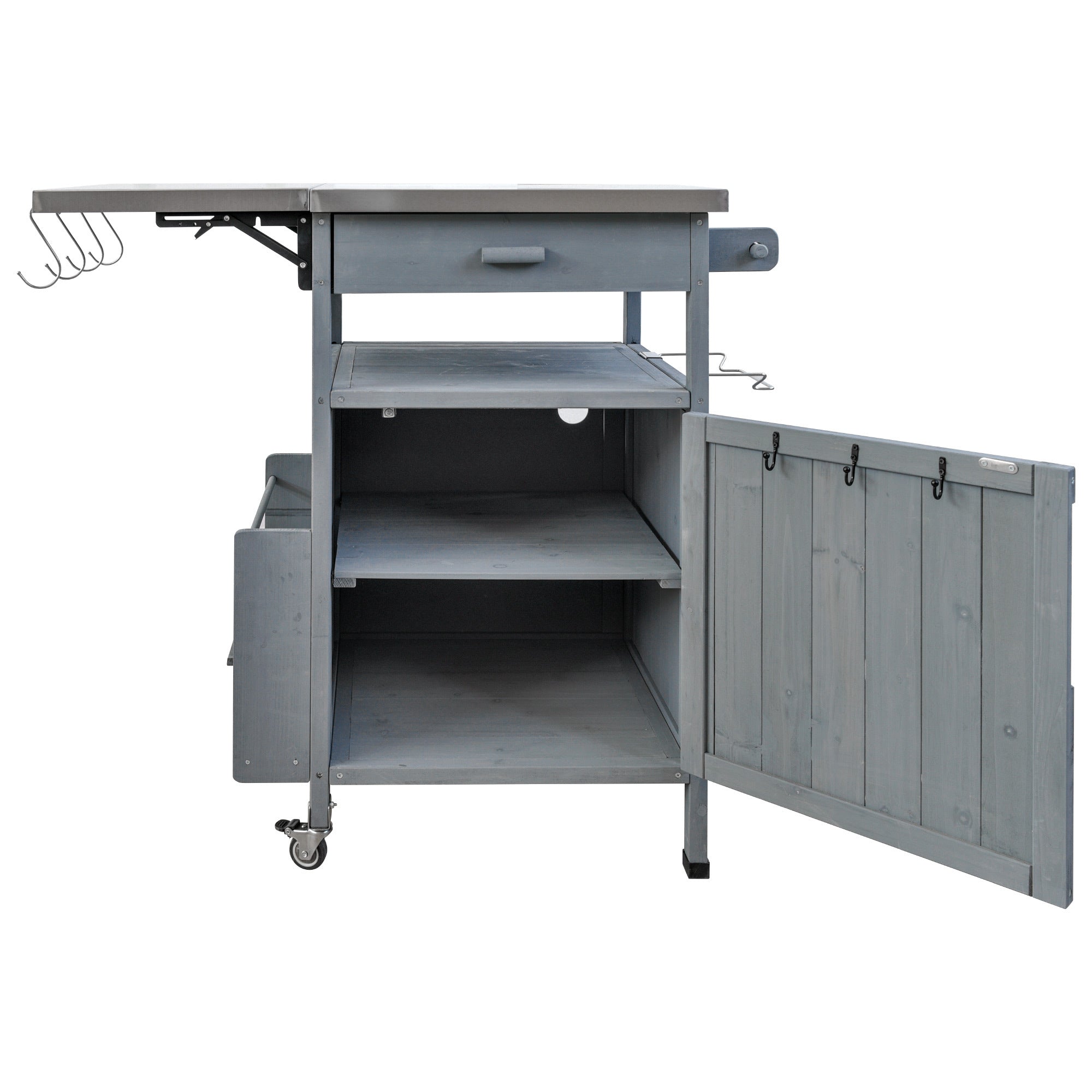 K&K 40.5' Outdoor Grill Cart with Stainless Steel Top, Solid Wood Outdoor Storage Cabinet with Drop Leaf, One Drawer, Towel Rack, Rolling Kitchen Cart with Lockable Wheels for Lawn Garden, Blue Grey - Grand Goldman Shop