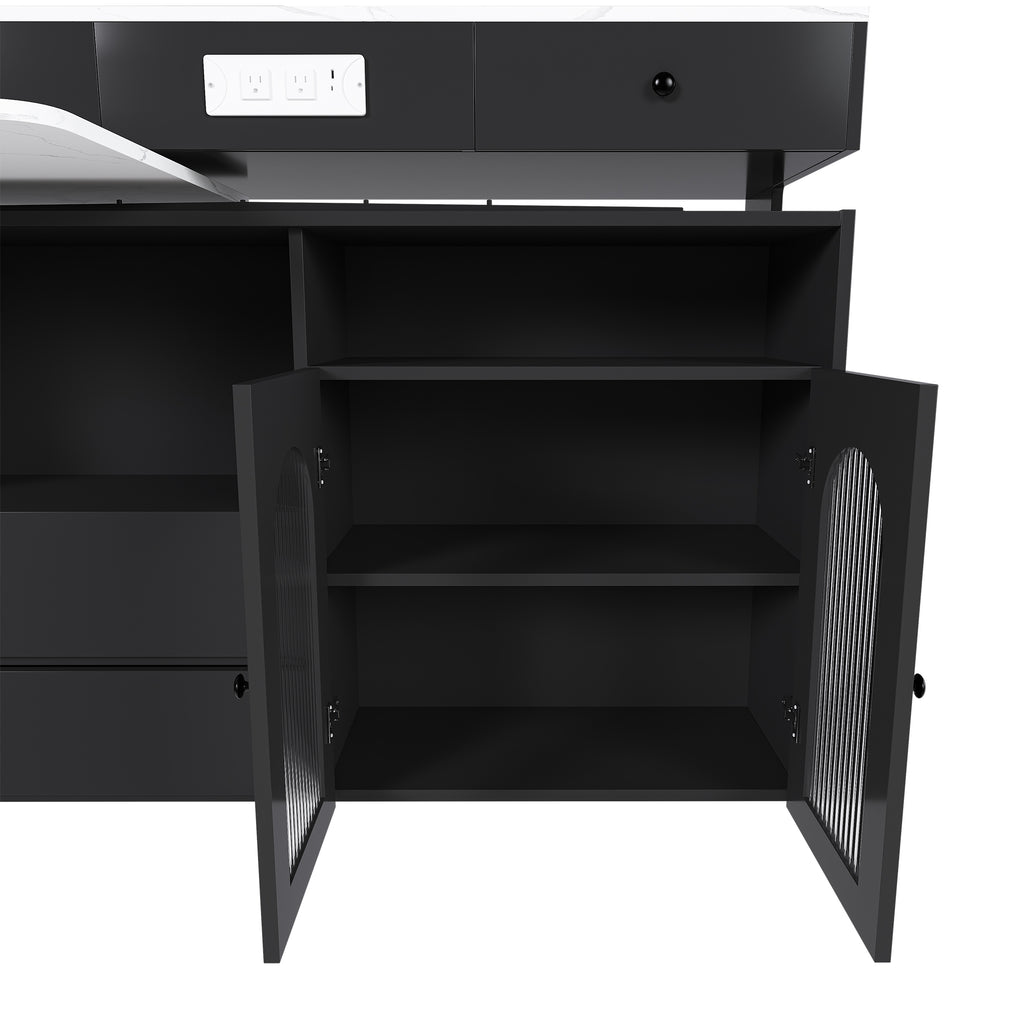 Retro Kitchen Island with Extendable Rotating Table, Black Marble Veneer on MDF, 4 Drawers & Glass Door Cabinets, Built-in Socket, Fits 2-4 People - Grand Goldman Shop