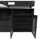 Retro Kitchen Island with Extendable Rotating Table, Black Marble Veneer on MDF, 4 Drawers & Glass Door Cabinets, Built-in Socket, Fits 2-4 People - Grand Goldman Shop