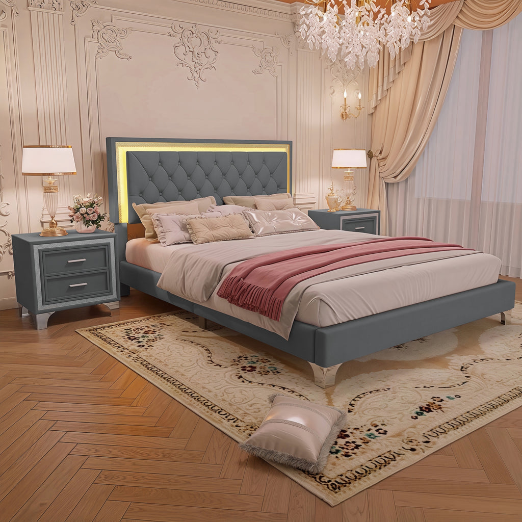 3-Pieces Bedroom Sets,Queen Size Upholstered Platform Bed with LED Lights and Two Nightstands-Gray - Grand Goldman Shop