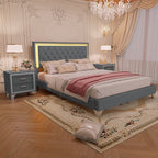 3-Pieces Bedroom Sets,Queen Size Upholstered Platform Bed with LED Lights and Two Nightstands-Gray - Grand Goldman Shop
