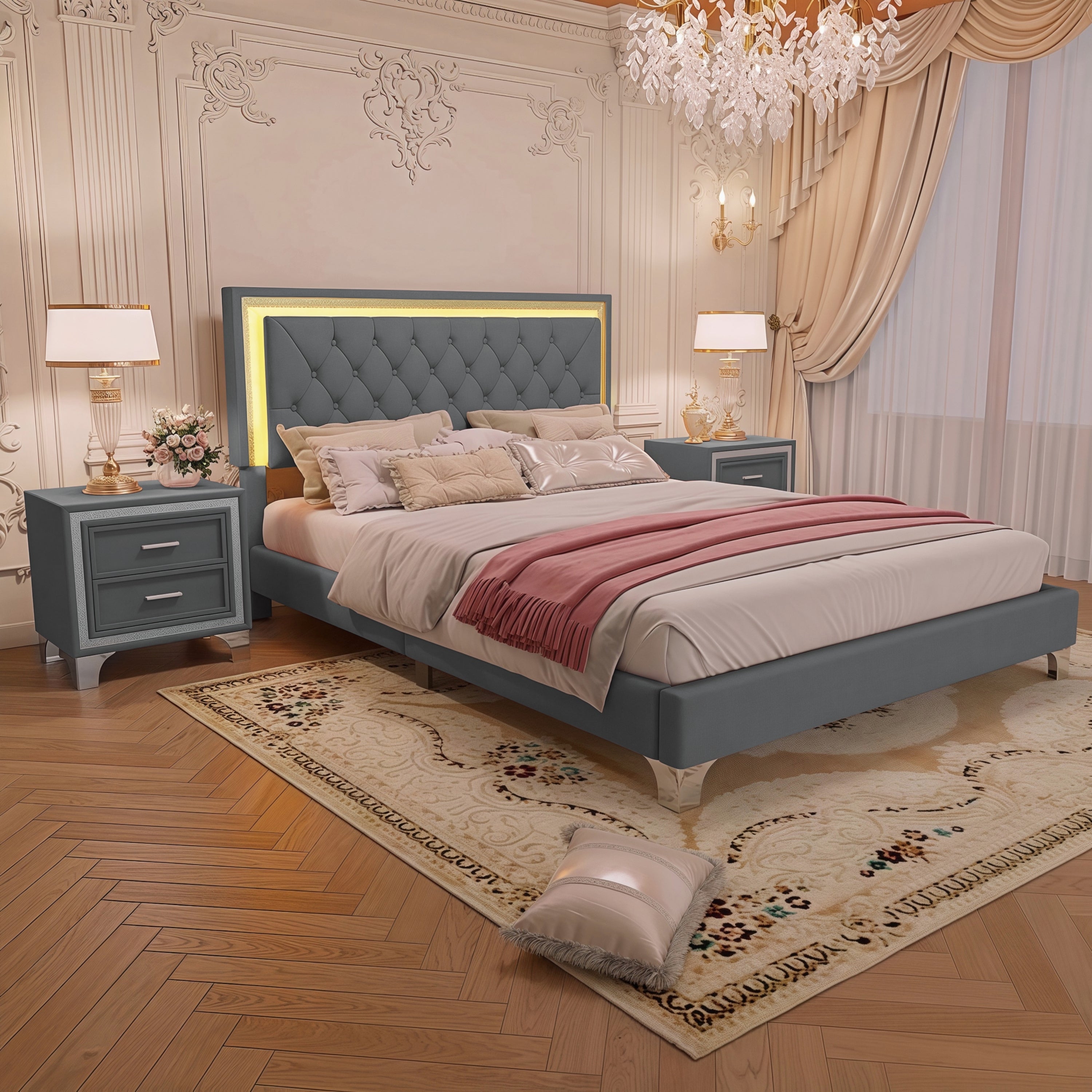 3-Pieces Bedroom Sets,Queen Size Upholstered Platform Bed with LED Lights and Two Nightstands-Gray - Grand Goldman Shop