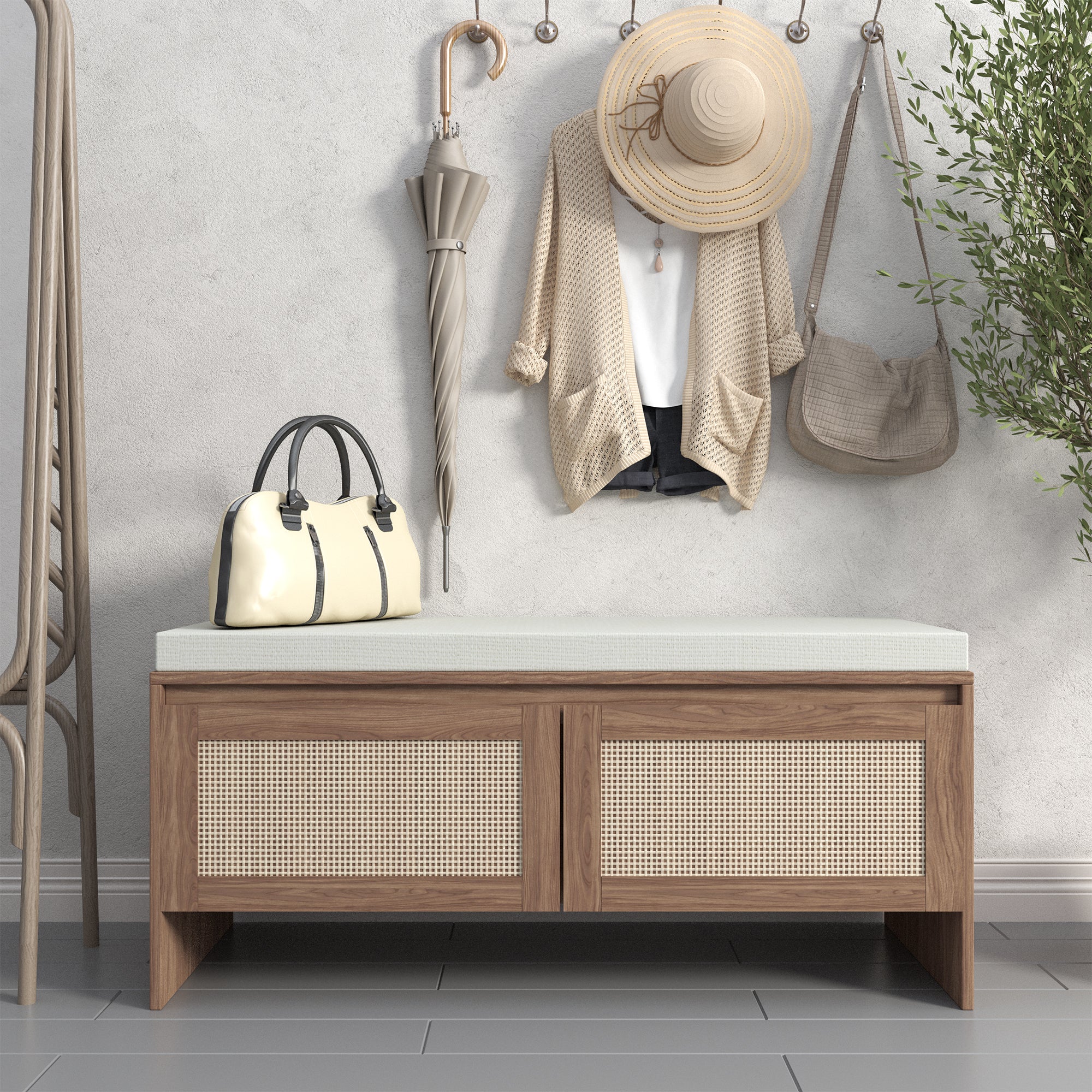 Mid-Century Modern PP Rattan Storage Bench with Cushion, Faux Rattan Shoe Cabinet with 2 Doors, Natural Finish, Wood and Rattan Construction, 39.4 x 15.75 x 17.72 inches - Grand Goldman Shop