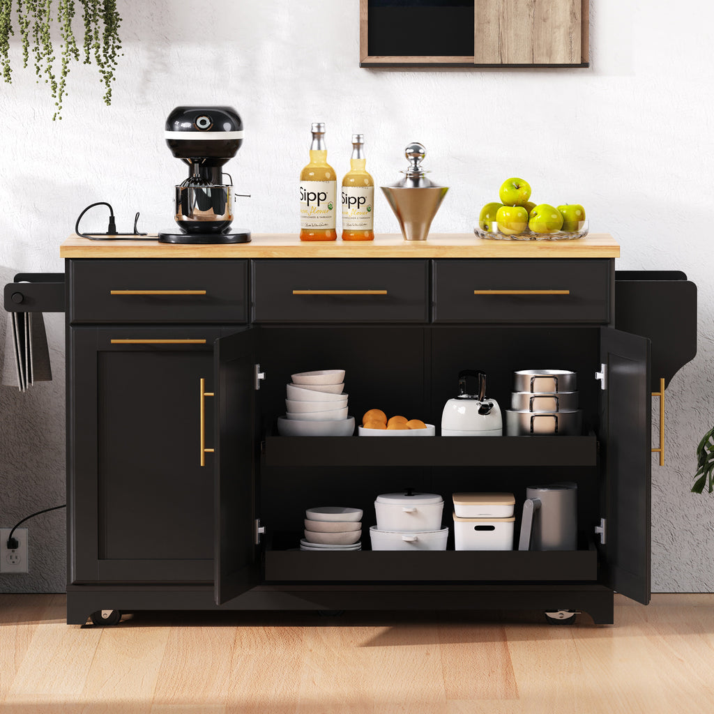 K&K 59.3' Kitchen Island with Storage 2 Pull Out Cabinet Organizers & Rubber Wood Drop Leaf, Rolling Kitchen Island with Trash Can Storage, Power Outlet, Spice & Towel Rack for Kitchen, Dining, Black - Grand Goldman Shop