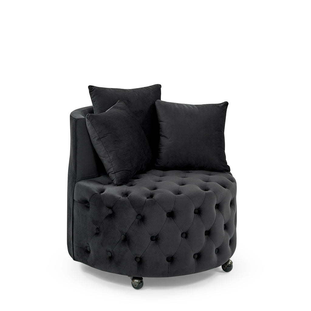 Modern Velvet Upholstered Swivel Chair with Button Tufted Design, Movable Wheels, 3 Pillows, Black - Grand Goldman Shop