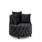 Modern Velvet Upholstered Swivel Chair with Button Tufted Design, Movable Wheels, 3 Pillows, Black - Grand Goldman Shop