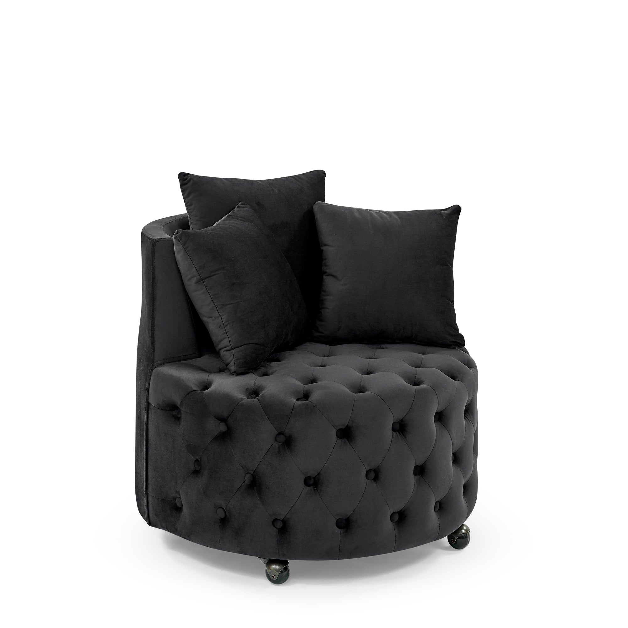 Modern Velvet Upholstered Swivel Chair with Button Tufted Design, Movable Wheels, 3 Pillows, Black - Grand Goldman Shop