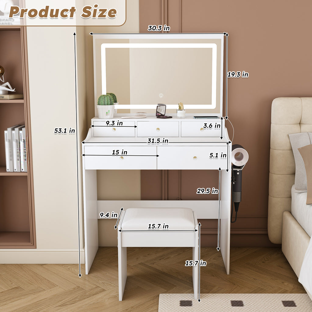 Modern White Vanity Desk with Large Mirror, Power Outlet & Hair Dryer Holder, Adjustable Lighting, 5 Drawers - Grand Goldman Shop