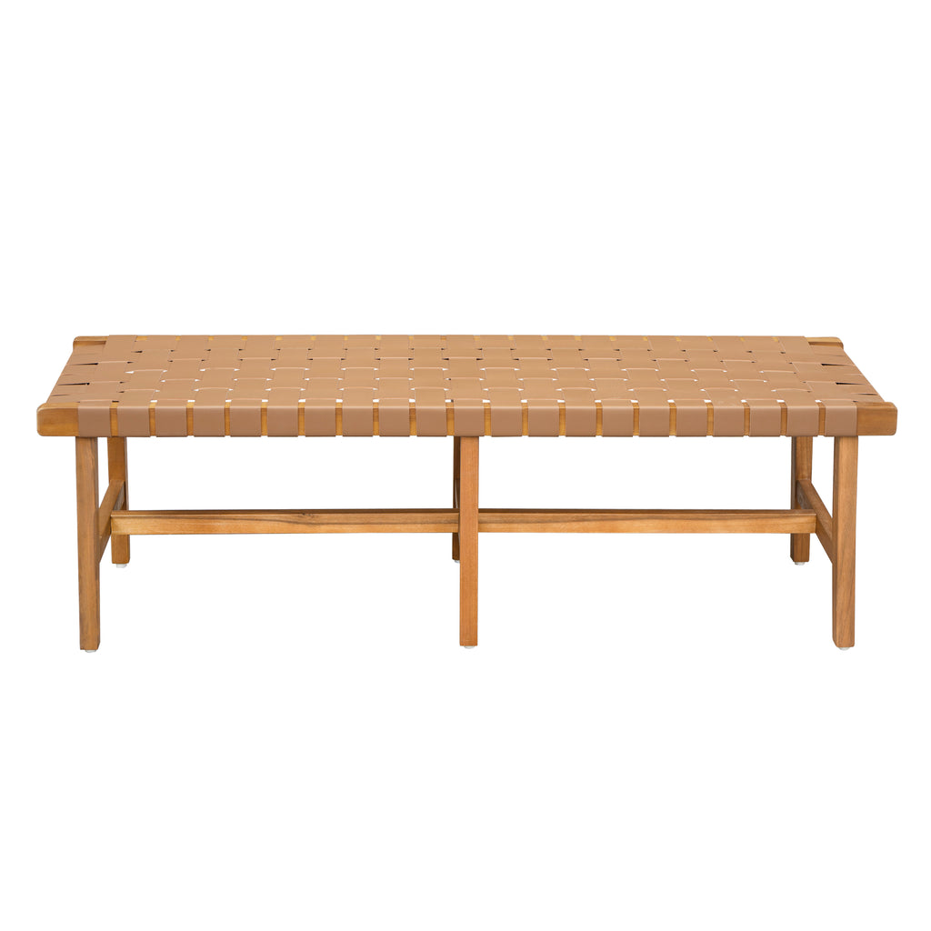 Stylish Acacia Wood Bedroom Bench with Woven PU Leather Seat in Warm Teak Tone, Natural Finish - Grand Goldman Shop