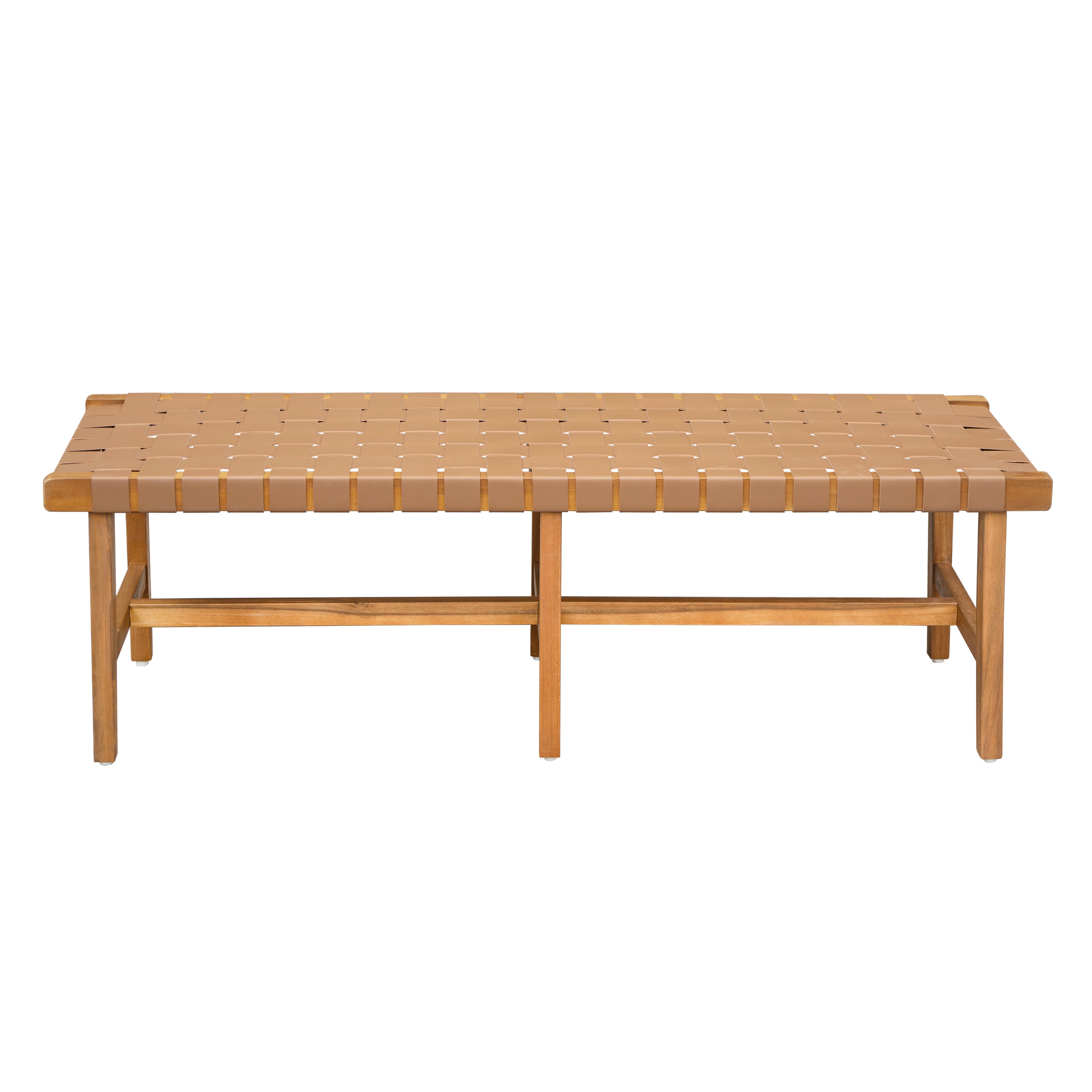 Stylish Acacia Wood Bedroom Bench with Woven PU Leather Seat in Warm Teak Tone, Natural Finish - Grand Goldman Shop