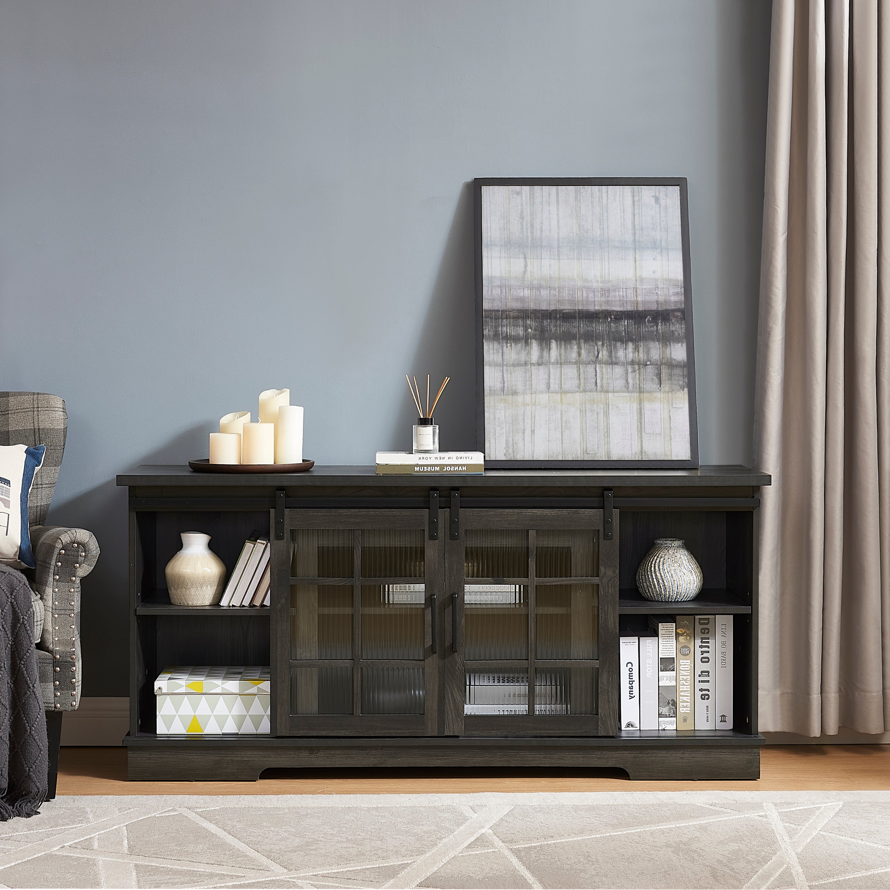 Multipurpose Sliding Door TV Stand Large Storage Cabinet with 2 Sliding Fluted Glass Tempered Doors, TV Up to 65'', TV Desk Storage Rack, Charcoal GREY, 59.13'W*15.94'D*27.8'H - Grand Goldman Shop