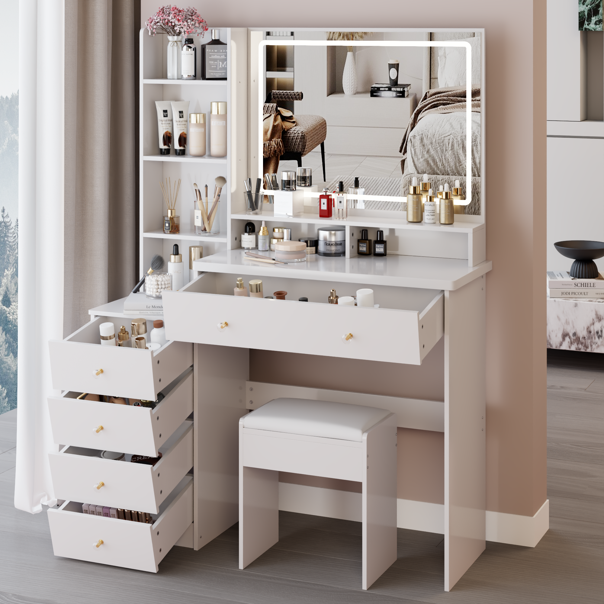 41' Large Sized Bedside Cabinet Vanity Table + Cushioned Stool, Extra Large Touch Control LED Mirror, 3-color Switch, Multi Layer High Capacity Storage Fashionable Dresser, EPA, GCC, UL Certificate - Grand Goldman Shop