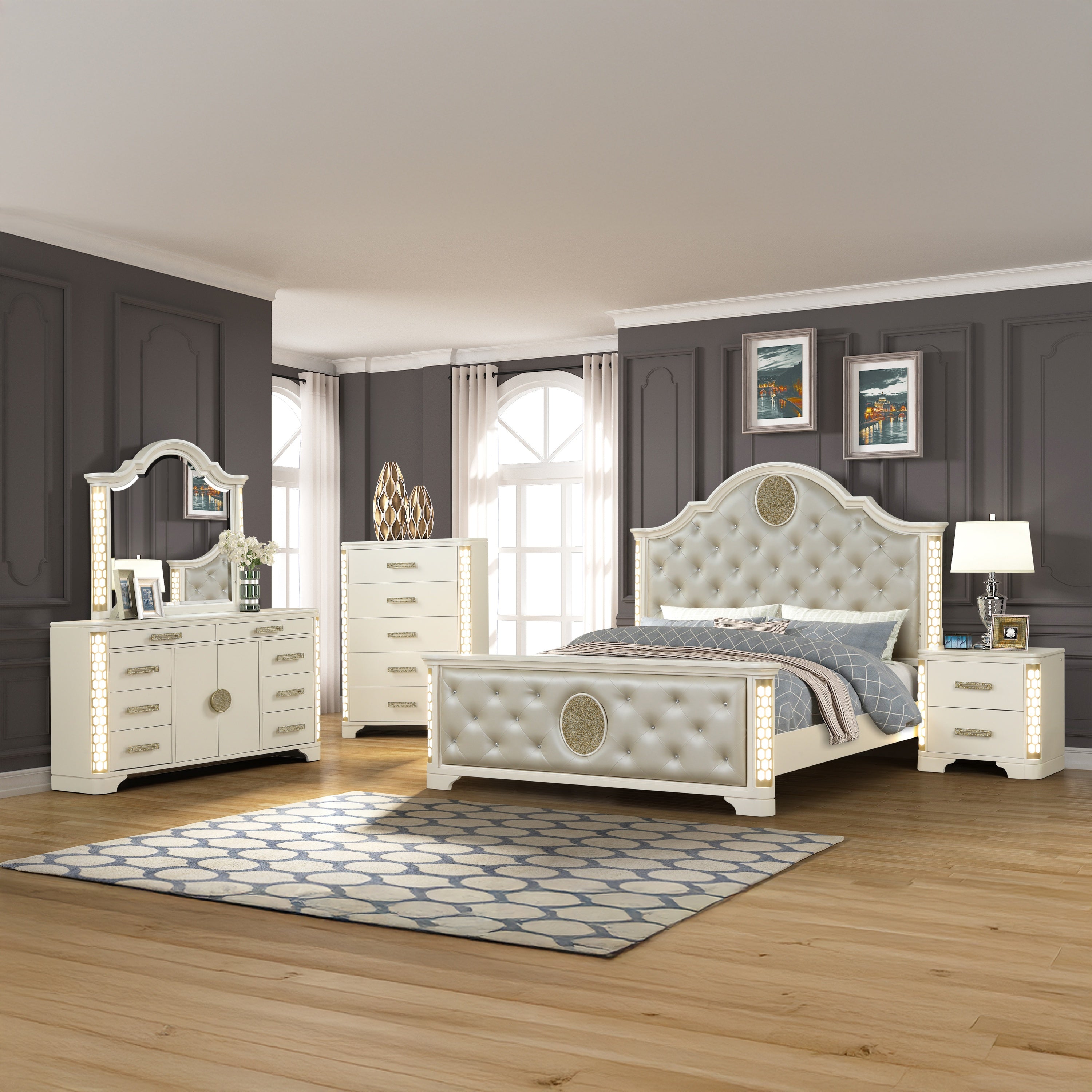 Jasmine Queen 5 Pc LED Bedroom Set in Beige made with Wood and Gold Accents - Grand Goldman Shop