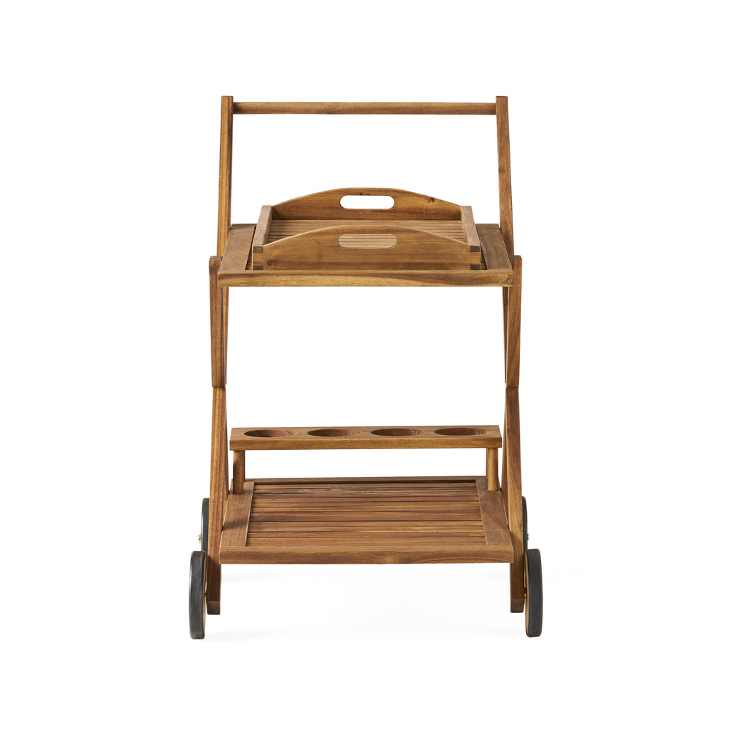 RIVIERA BAR CART Natural Stained Acacia Wood Mobile Bar Cart with Wheels for Entertaining - Grand Goldman Shop