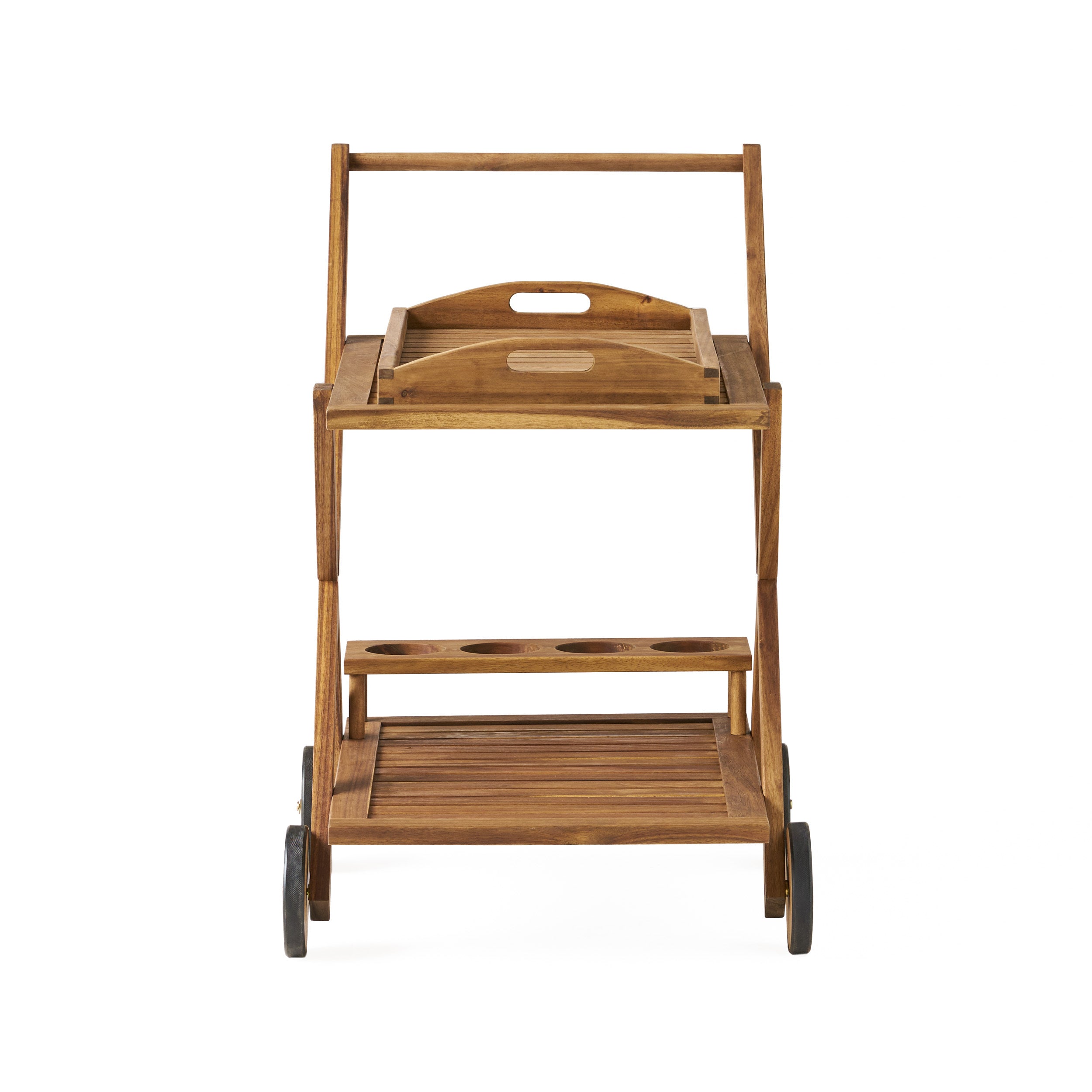 RIVIERA BAR CART Natural Stained Acacia Wood Mobile Bar Cart with Wheels for Entertaining - Grand Goldman Shop