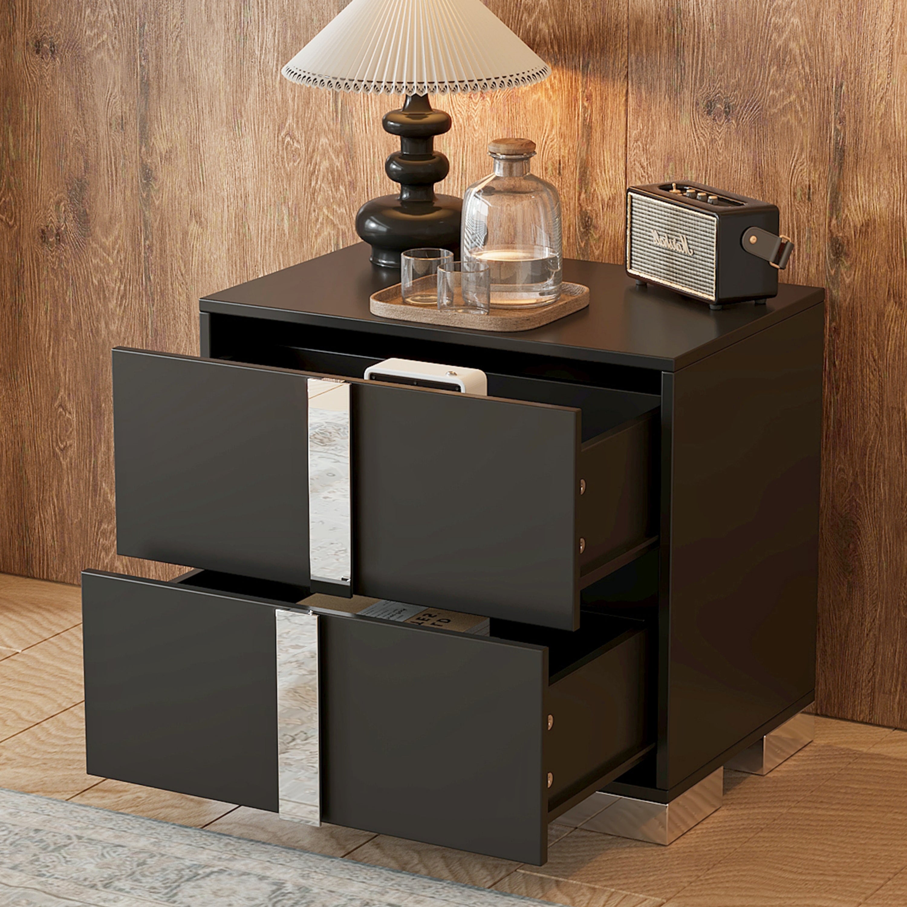 Elegant Nightstand with Metal Foot, Mirrored Bedside Table with 2 Drawers for Bedroom, Living Room, Black - Grand Goldman Shop