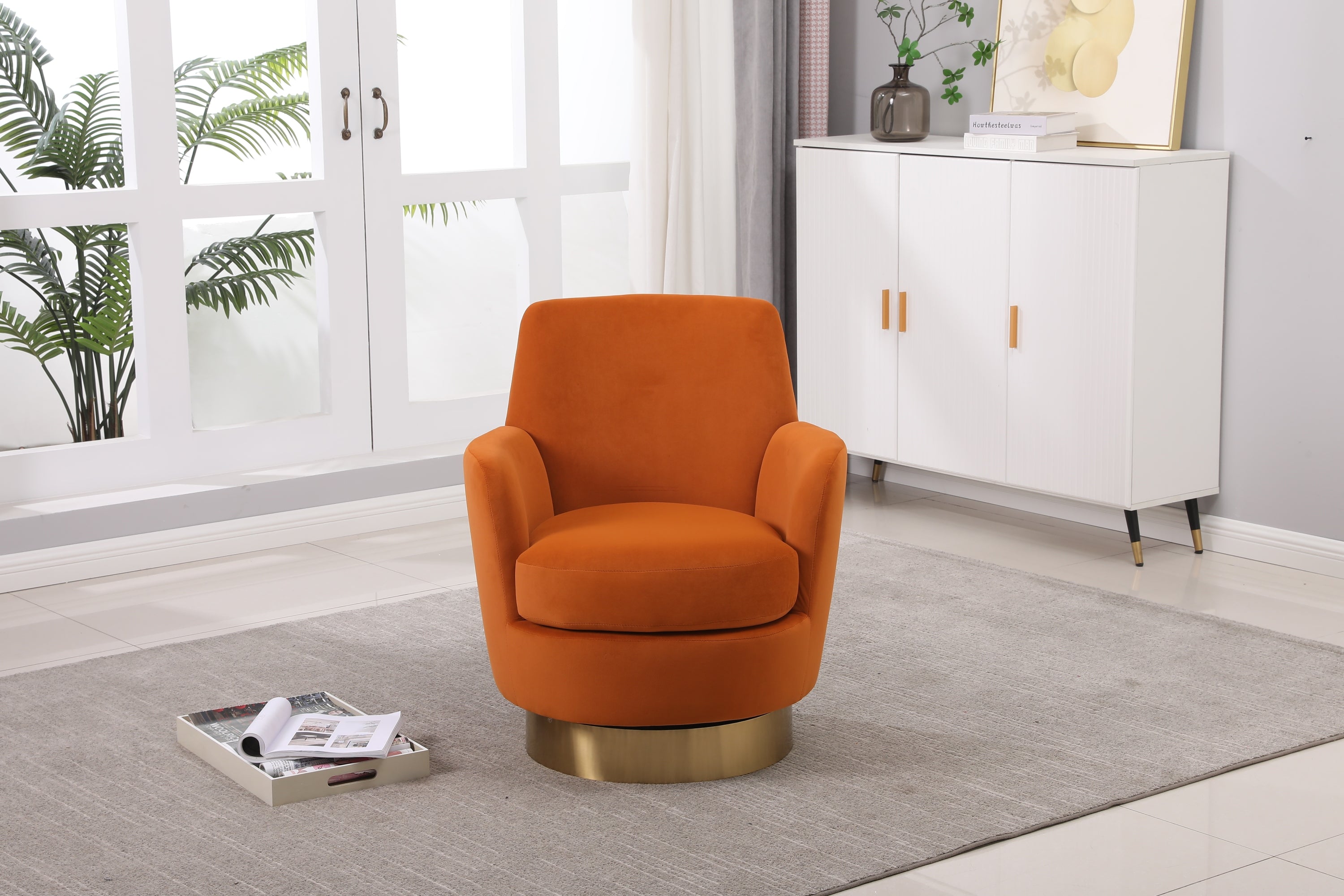 Velvet Swivel Barrel Chair, Swivel Accent Chairs Armchair for Living Room, Reading Chairs for Bedroom Comfy, Round Barrel Chairs with Gold Stainless Steel Base (Orange) - Grand Goldman Shop