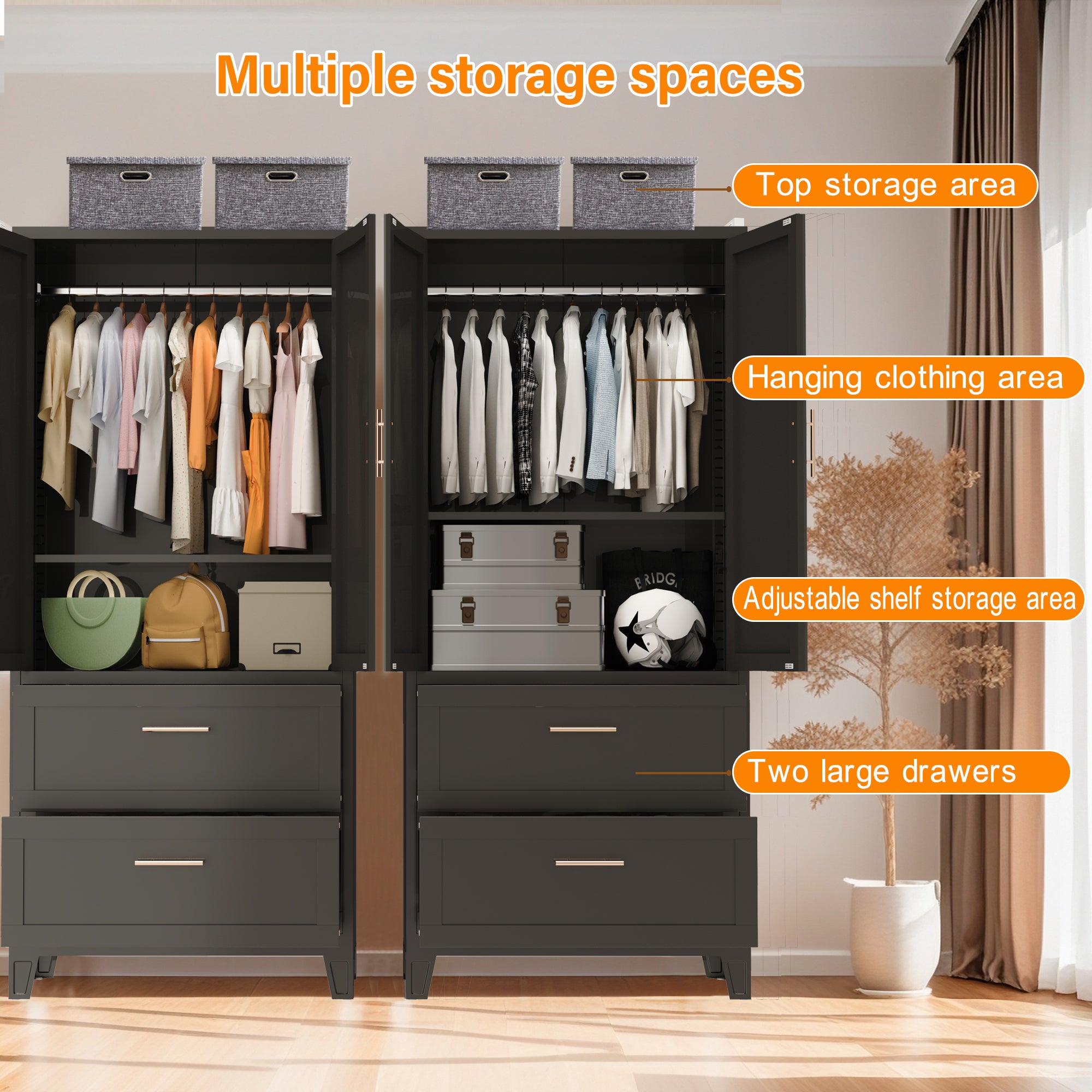 71' Tall Metal Wardrobe Cabinet with 2 Drawers and Hanging Rod, 2 Doors Wardrobe Closet with Shelf for Bedroom, Office, Laundry Room,Entryway ,Foyer,Guesthouse (Black) - Grand Goldman Shop