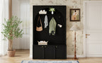 ON-TREND Farmhouse All-in-One Hall Tree with Adjustable Shelves, Retro Arched Entryway Storage Bench with 3 Cabinets, Wooden Coat Rack Organizer with 4 Golden Hooks for Mudroom, Hallway, Black - Grand Goldman Shop