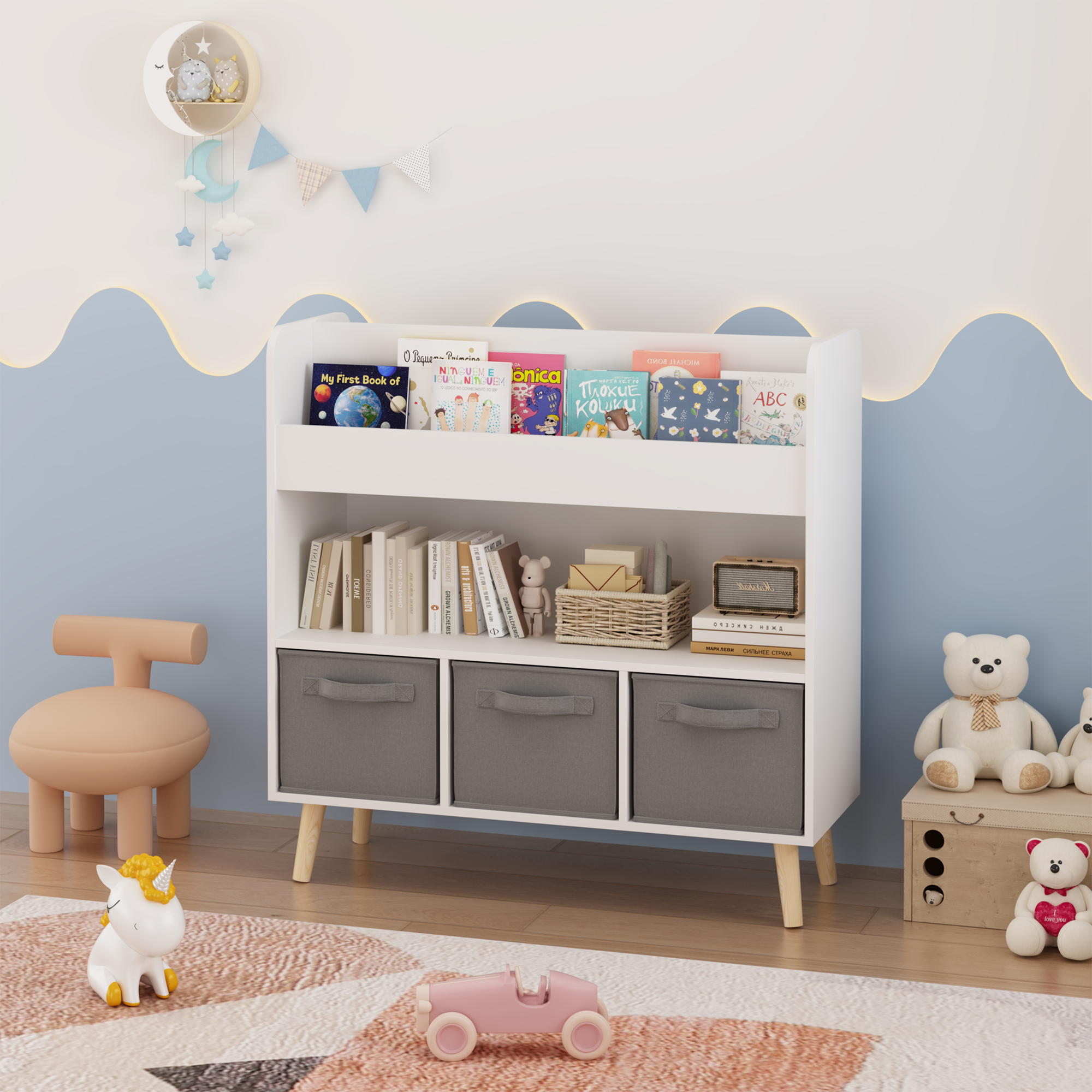 Kids Bookshelf with 3 Fabric Bins, Modern Children's Bookcase with Storage for Toys and Books, Toddler Book Organizer Shelf f