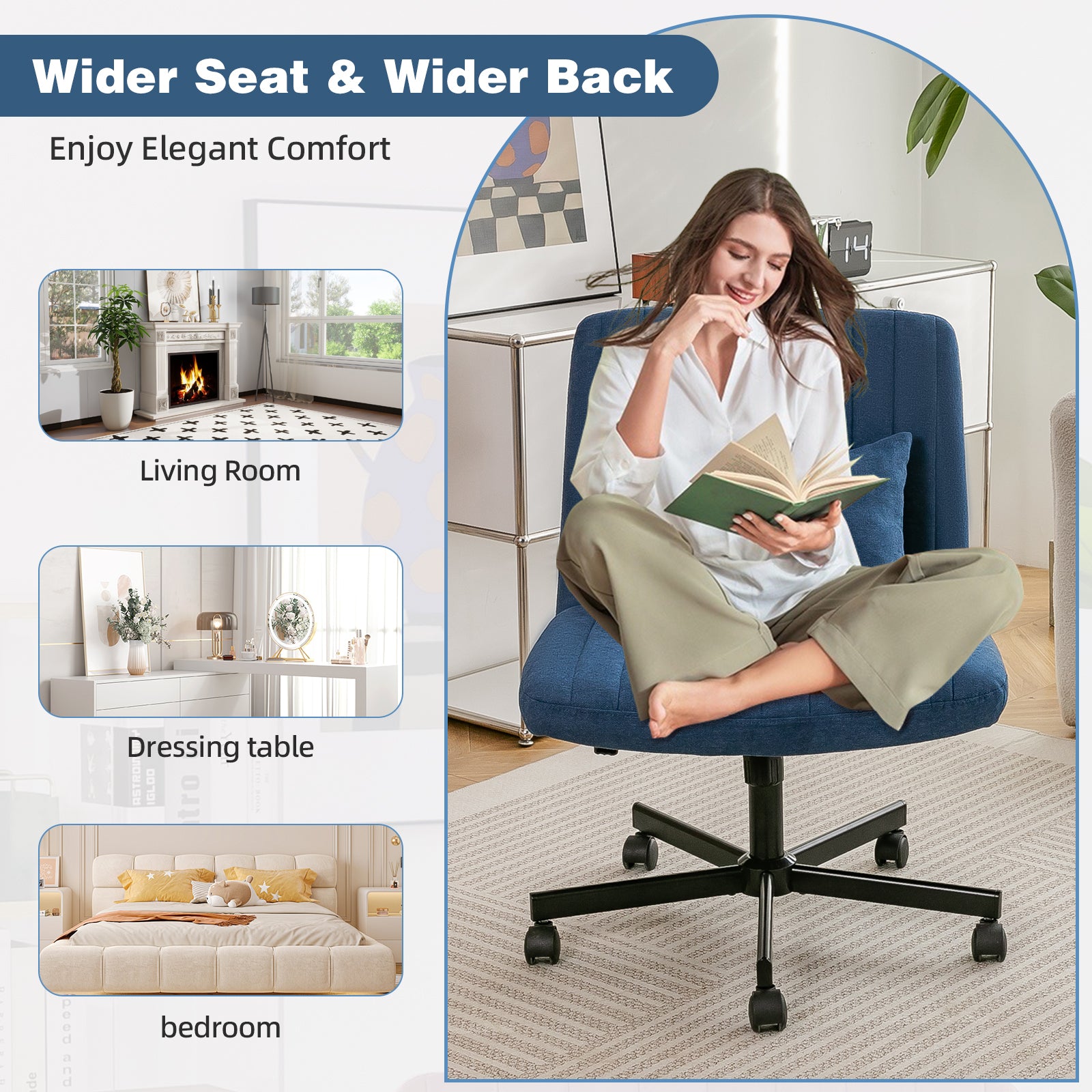 Modern Linen Blue Criss Cross Office Chair with Adjustable Height, Ergonomic Design, and Breathable Fabric in Blue Linen Mate