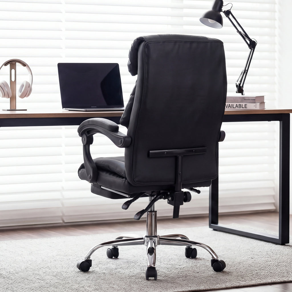Executive Office Chair with Foot Rest, Adjustable Height High Back Reclining Gaming Chair in Black PU Leather with Metal & Wo