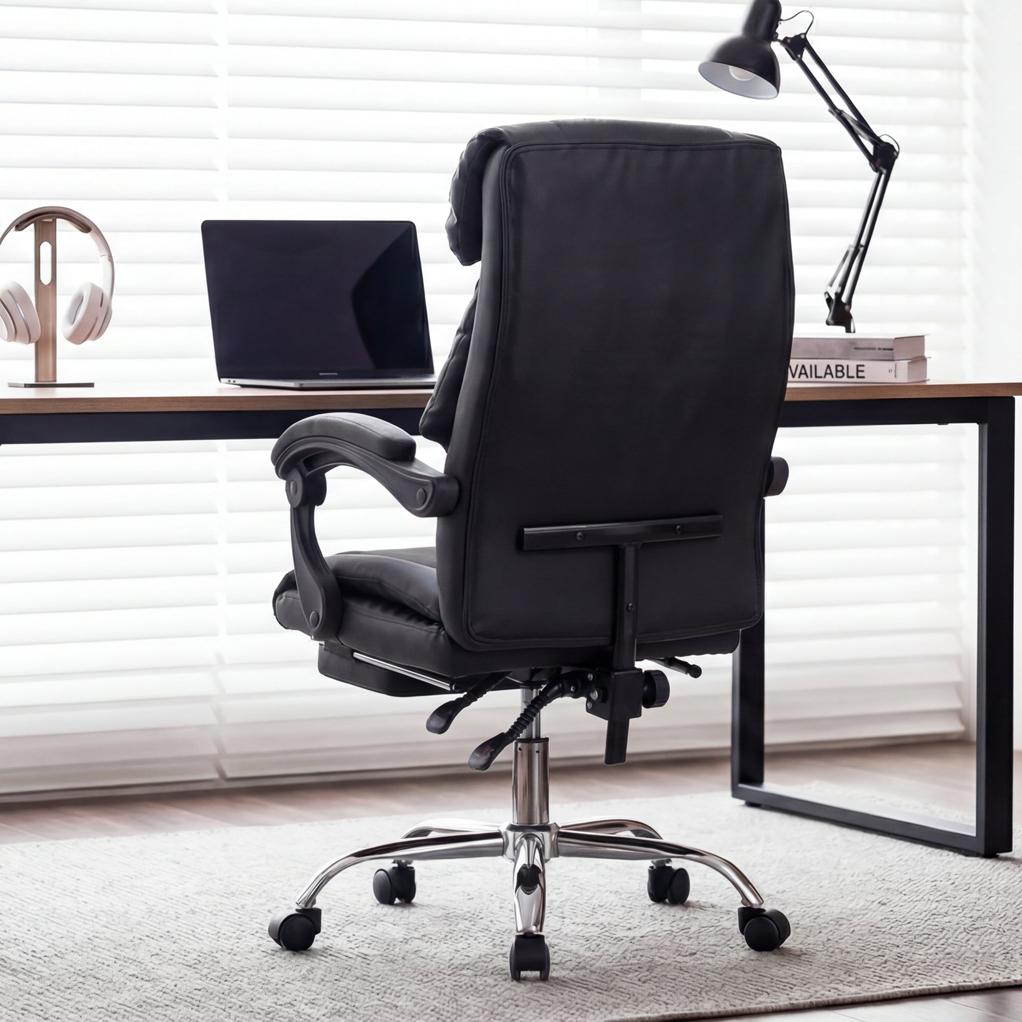 Executive Office Chair with Foot Rest, Adjustable Height High Back Reclining Gaming Chair in Black PU Leather with Metal & Wo