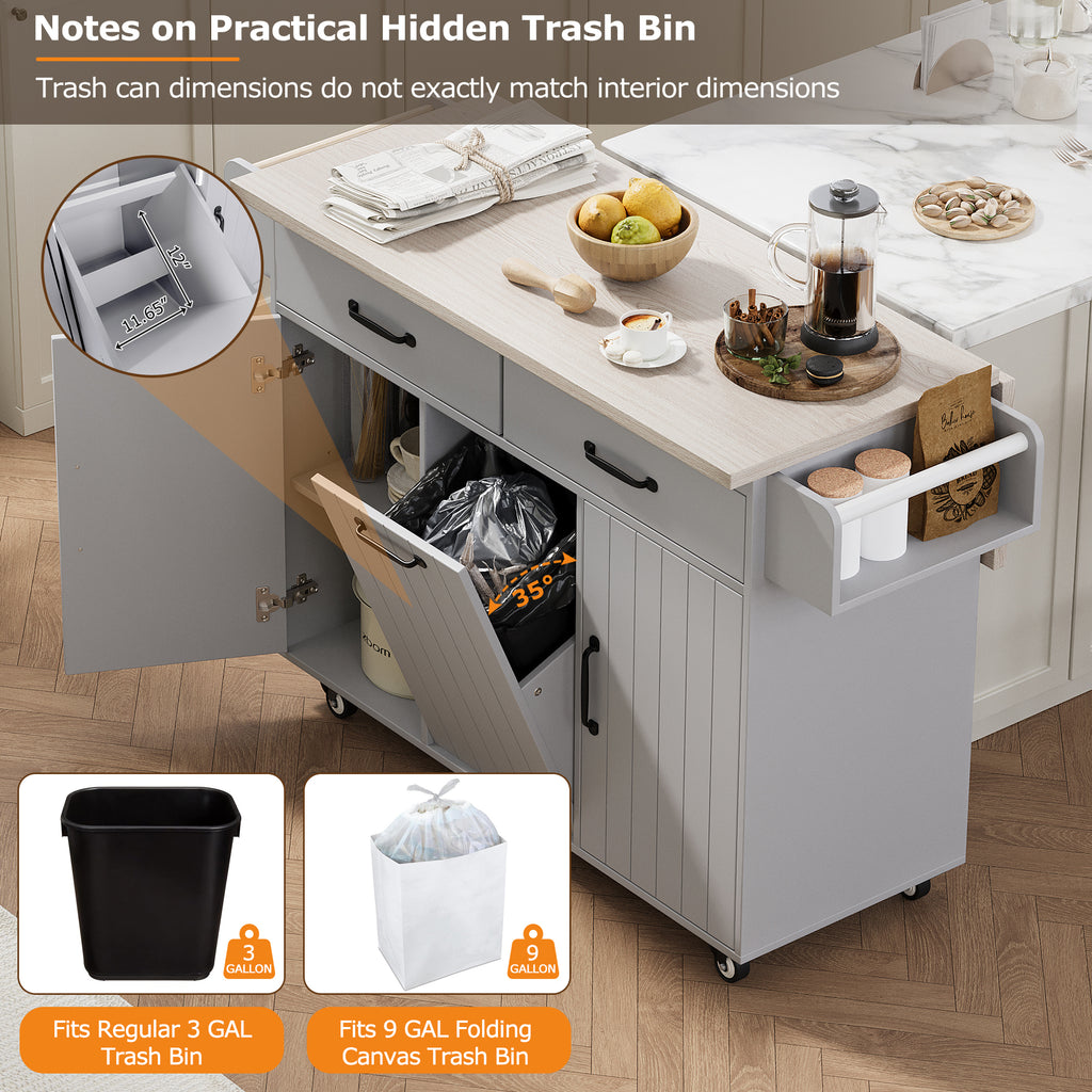 K&K Kitchen Island with Trash Can Storage Cabinet, Kitchen Cart with Drop Leaf, Spice Rack, Towel Rack and Drawer, Rolling Kitchen Island on Wheels with Adjustable Shelf, Grey - Grand Goldman Shop