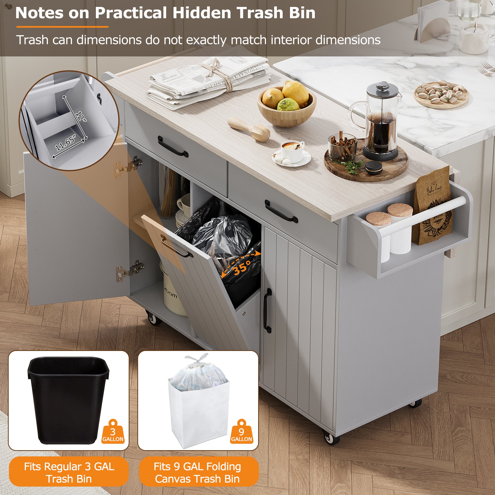 K&K Kitchen Island with Trash Can Storage Cabinet, Kitchen Cart with Drop Leaf, Spice Rack, Towel Rack and Drawer, Rolling Kitchen Island on Wheels with Adjustable Shelf, Grey - Grand Goldman Shop
