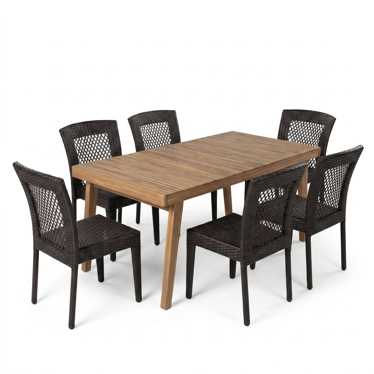7-teiliges Outdoor-Gartentischset mit 69-Zoll-Akazienholztisch und 6 PE-Rattan-Stühlen in Braun-Multi