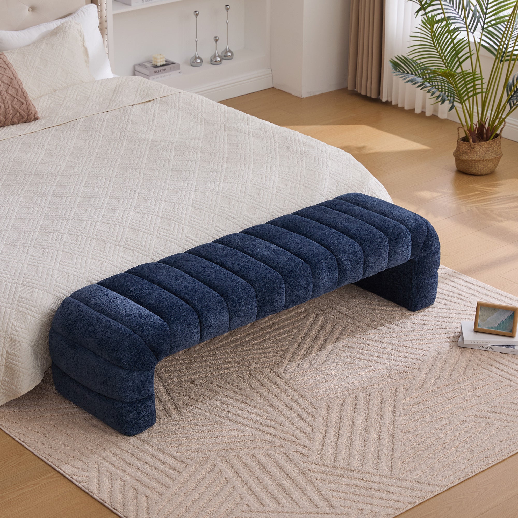 Modern Upholstered Armless Bed Bench, Channel Tufted Couch Daybed Chaise, Navy Chenille Ottoman Foot Stool, 69.7' Wide - Grand Goldman Shop