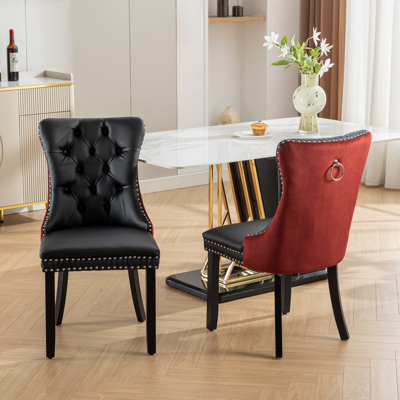 A&A Furniture, Nikki Collection Modern, High-end Tufted Solid Wood Contemporary PU and Velvet Upholstered Dining Chair with Wood Legs Nailhead Trim  2-Pcs Set, Black+WineRed, Burgundy,SW2101BW - Grand Goldman Shop