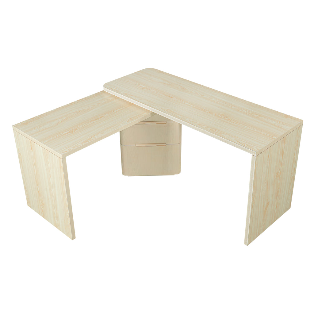 90' Modern L Shaped Desk in Natural Wood with 3 Drawers,360° Wood Rotating Desk,Executive Office Desk,Corner Desk,Office Stud