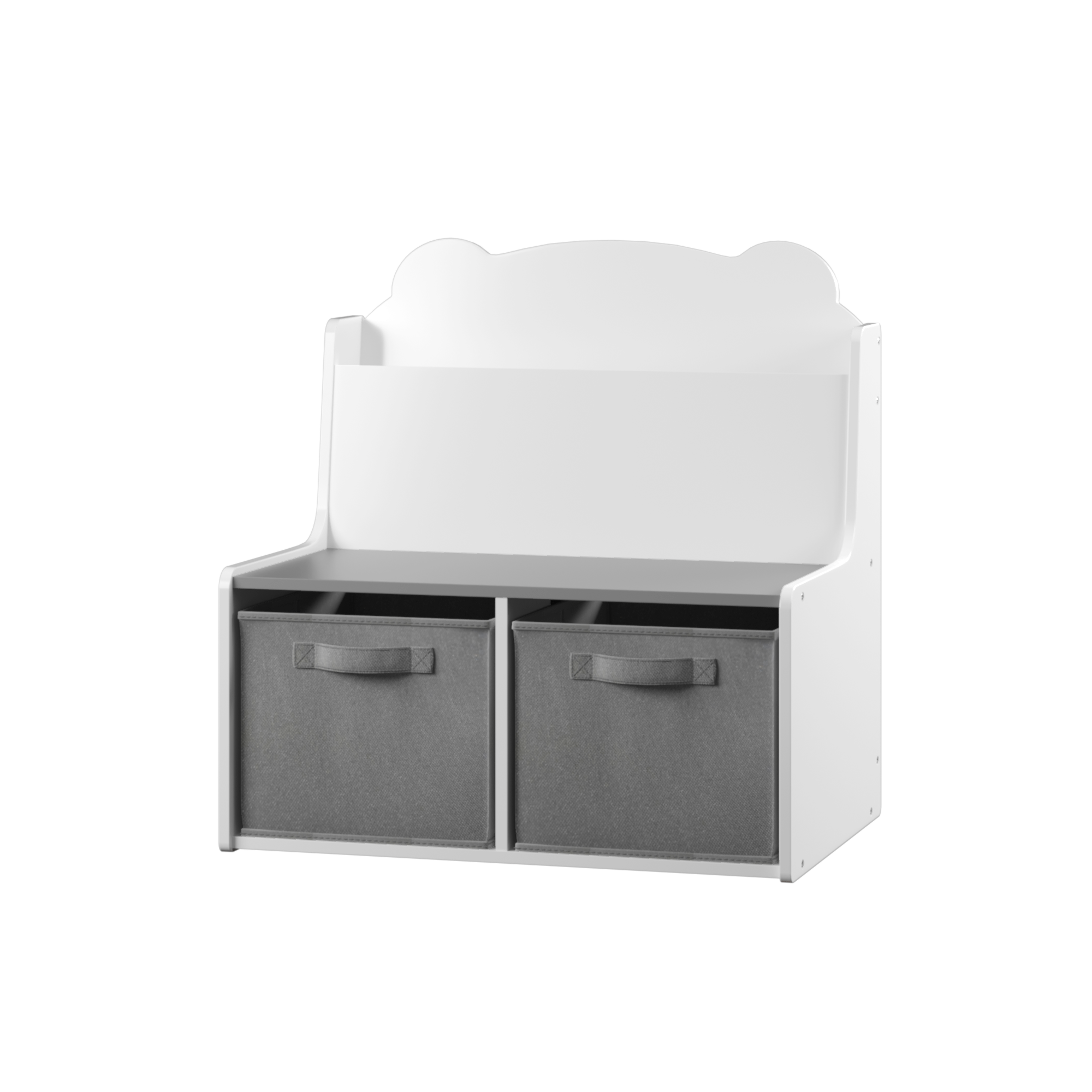 Kids Bookshelf with Storage Bins – Wooden Bookcase with Book Display Shelf and 2 Fabric Bins, Cute Bear-Shaped Backboard, Toy