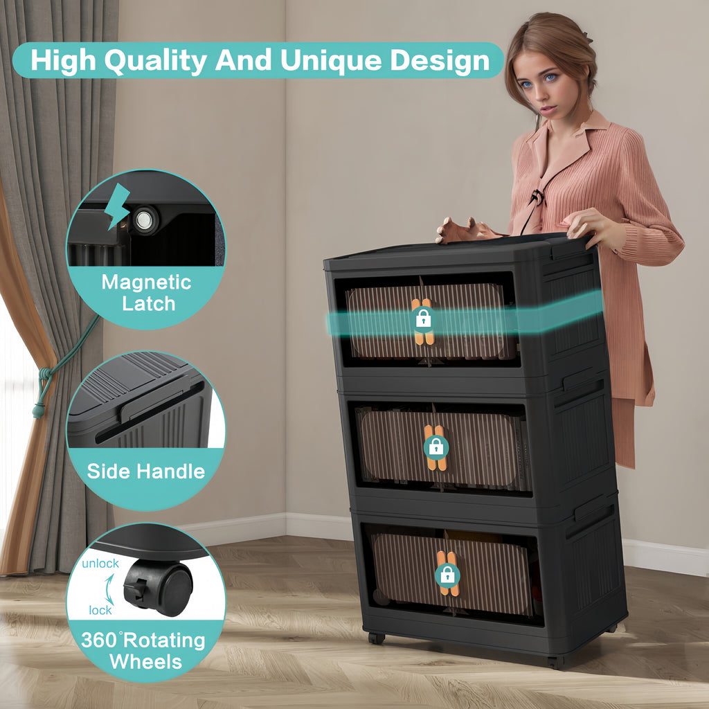Black, 20' Side Wide Folding Storage Cabinet ,3 Tiers,19.69'×11.81'×31.10',Collapsible Storage Bins with Magnetic Door, Plastic Storage Cabinet with Wheels - Grand Goldman Shop