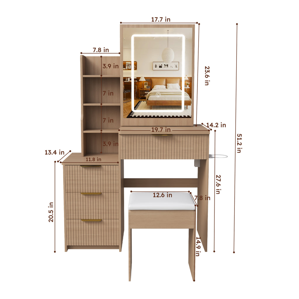 Modern Vanity Desk with 3 LED Lighting Modes, 4 Drawers, Hair Dryer Holder, Power Socket, and Dressing Chair in Walnut Finish, Made of MDF - Grand Goldman Shop