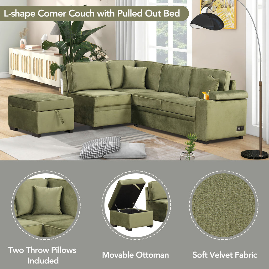 Green Velvet Sleeper Sofa Bed with Storage Ottoman, L Shape Pull Out Couch for Living Room and Bedroom - Grand Goldman Shop