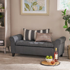 HAYES Contemporary Armed Storage Bench with Rolled Arms and Button Tufting in Dark Gray Fabric - Grand Goldman Shop