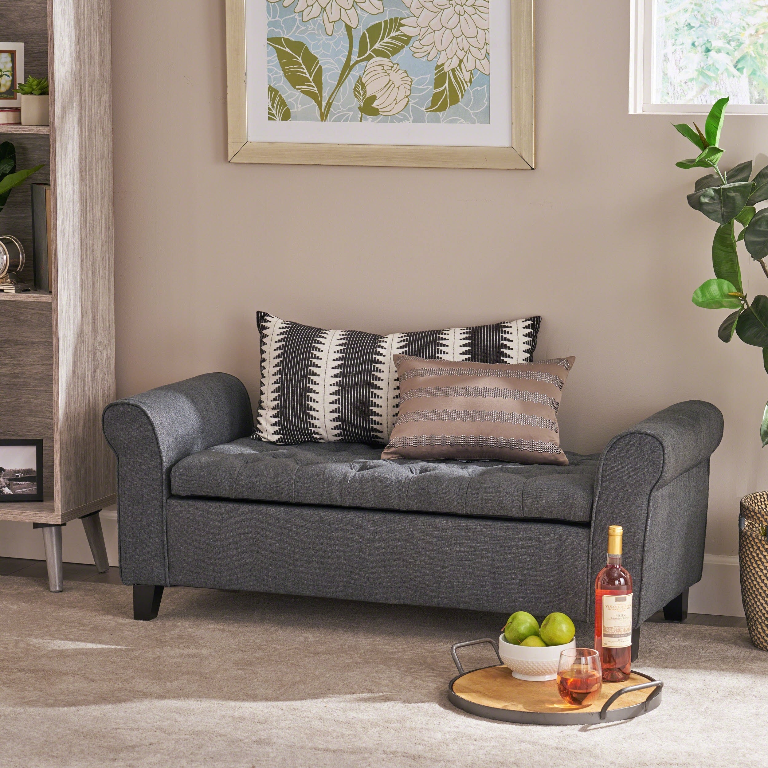HAYES Contemporary Armed Storage Bench with Rolled Arms and Button Tufting in Dark Gray Fabric - Grand Goldman Shop