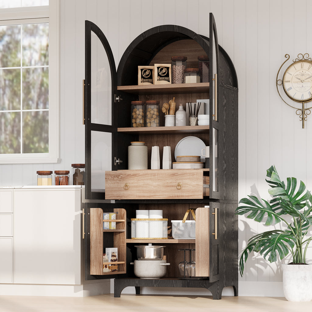 K&K 71' Tall Arched Kitchen Pantry Cabinet with Door Shelves, Farmhouse Kitchen Storage Cabinet with Open & Adjustable Shelves, Hidden Drawer & Glass Door, Cupboard for Kitchen, Dining Room, Black - Grand Goldman Shop