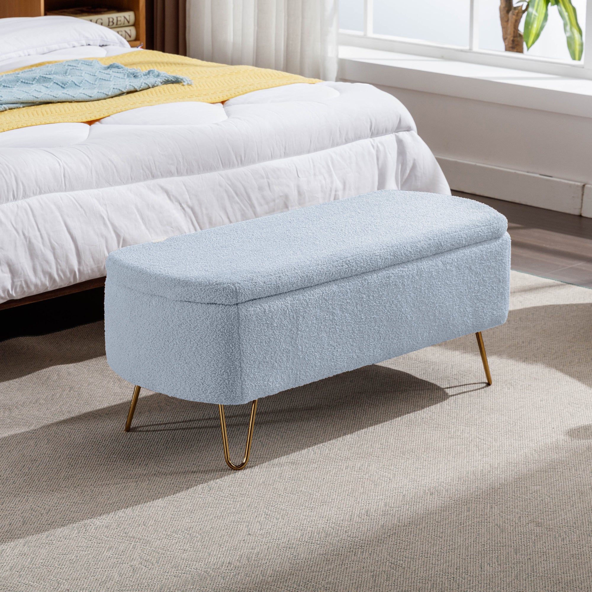 Blue Storage Ottoman Bench for End of Bed Gold Legs, Modern Grey Faux Fur Entryway Bench Upholstered Padded with Storage for Living Room Bedroom - Grand Goldman Shop