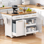 K&K 59.3' Kitchen Island with Storage 2 Pull Out Cabinet Organizers & Rubber Wood Drop Leaf, Rolling Kitchen Island with Trash Can Storage, Power Outlet, Spice & Towel Rack for Kitchen, Dining, White - Grand Goldman Shop