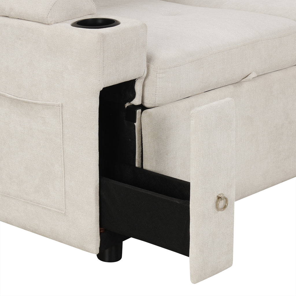 Convertible L-shaped Beige Sofa Couch with Storage, Cup Holders, USB Ports, Chenille Fabric - Grand Goldman Shop