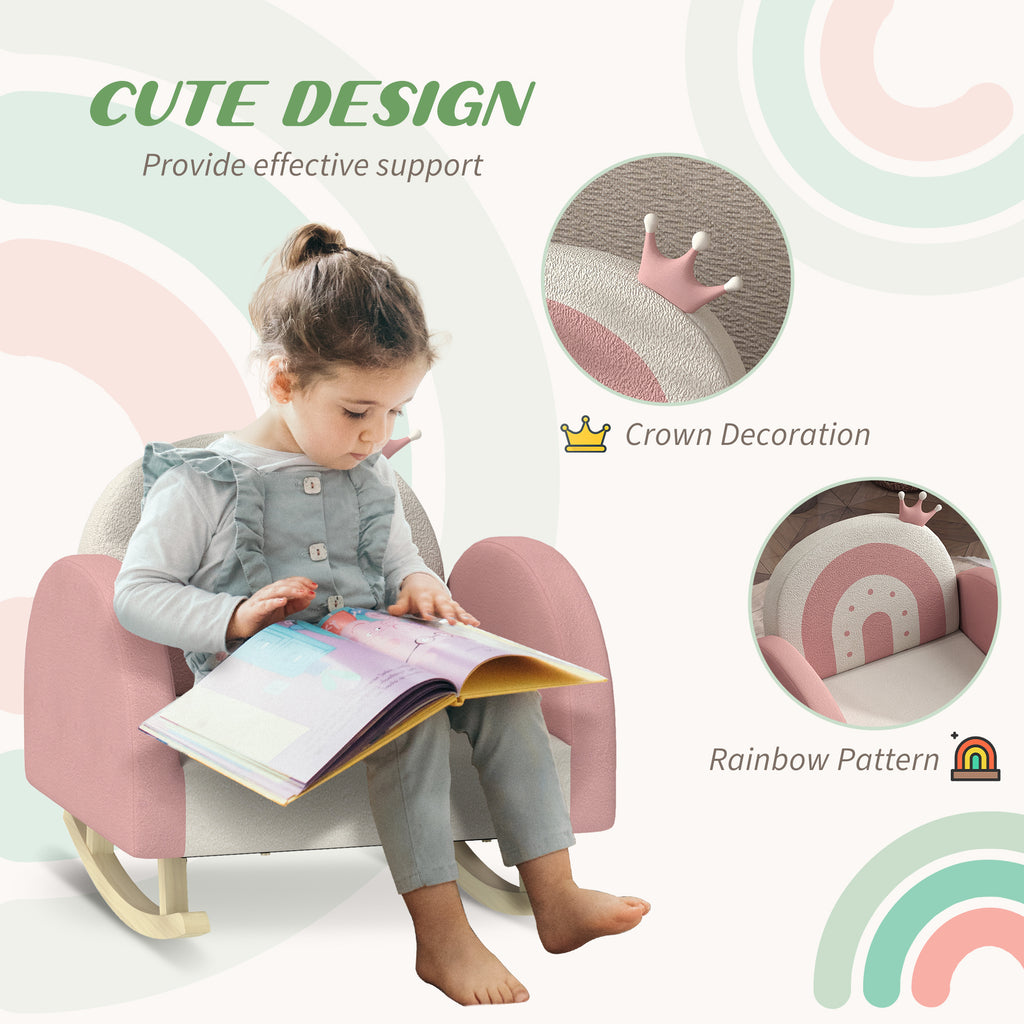 Qaba Kids Rocking Chair, Princess Crown Toddler Chair, Children's Armchair Rocker with Rainbow Backrest for Bedroom, Playroom