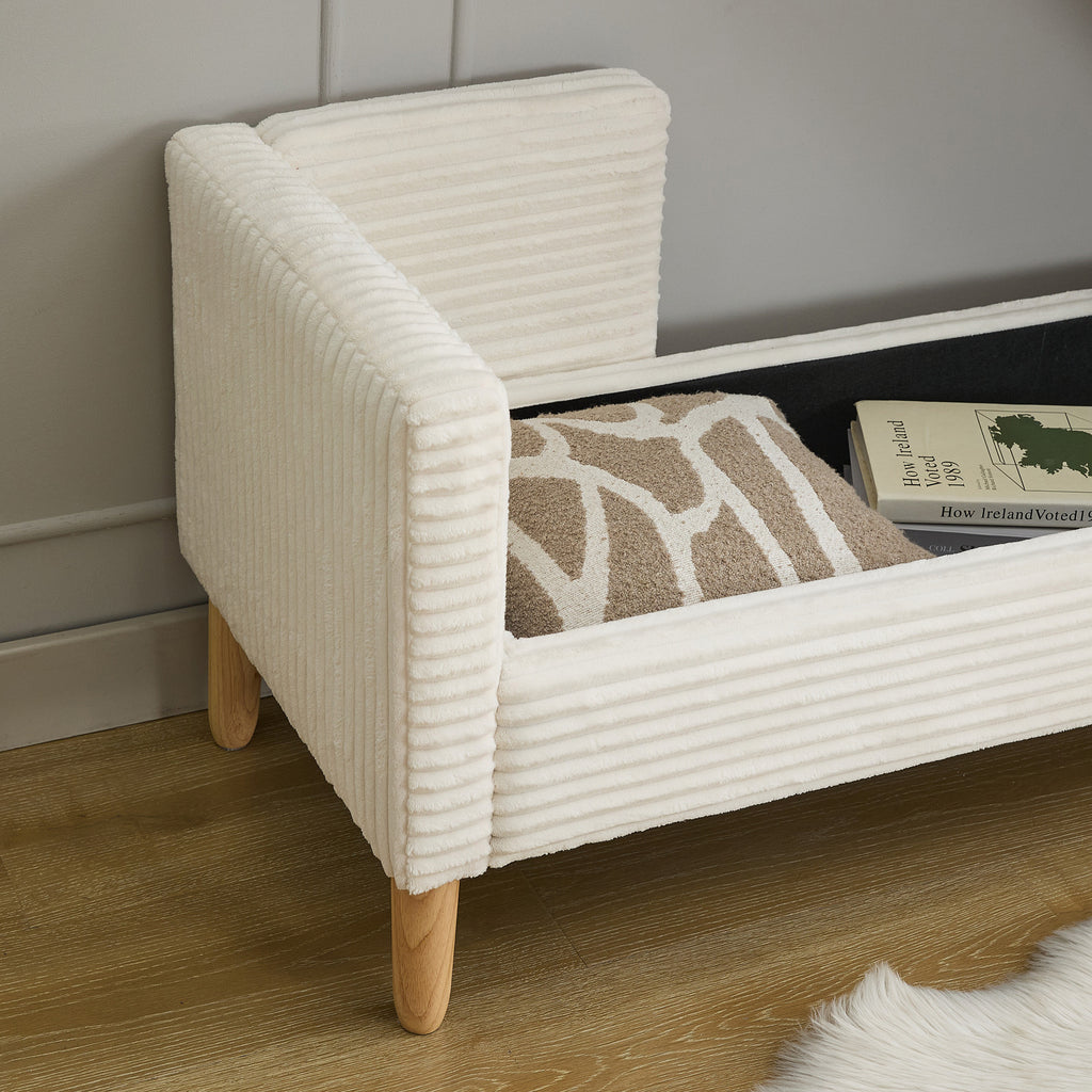 65.35'Wide Upholstered Flip-top Storage Accent Bed Bench, Corduroy Footrest Ottoman with Armrests&Backrest&2 Bolster Pillows Wood Legs for Living Room, End of Bed, Hallway, Entryway Bedroom. Ivory - Grand Goldman Shop